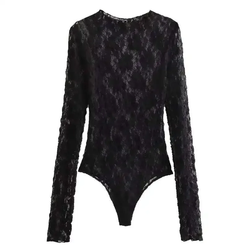 Lace Bodysuit Women's Bodysuit Auutmn Black Cutwork O-Neck Long Sleeves High Spandex Bodysuits Sexy Lingerie For Fine Women