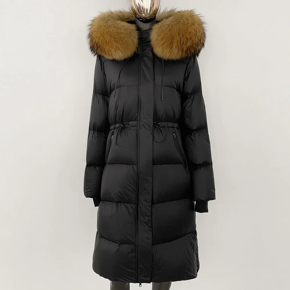 

Autumn Winter Fashion Thicken Warm Coat Women Long 90% White Jacket Spliced Collar Raccoon Coats