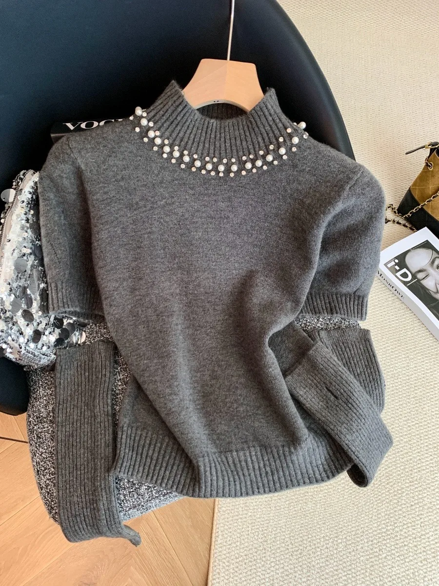 

Мягкий утепленный свитер с высоким воротником и тяжелой вышивкой бисером, осенне-зимний, новый, свободного кроя, женский вязаный топ, модный уличный стиль