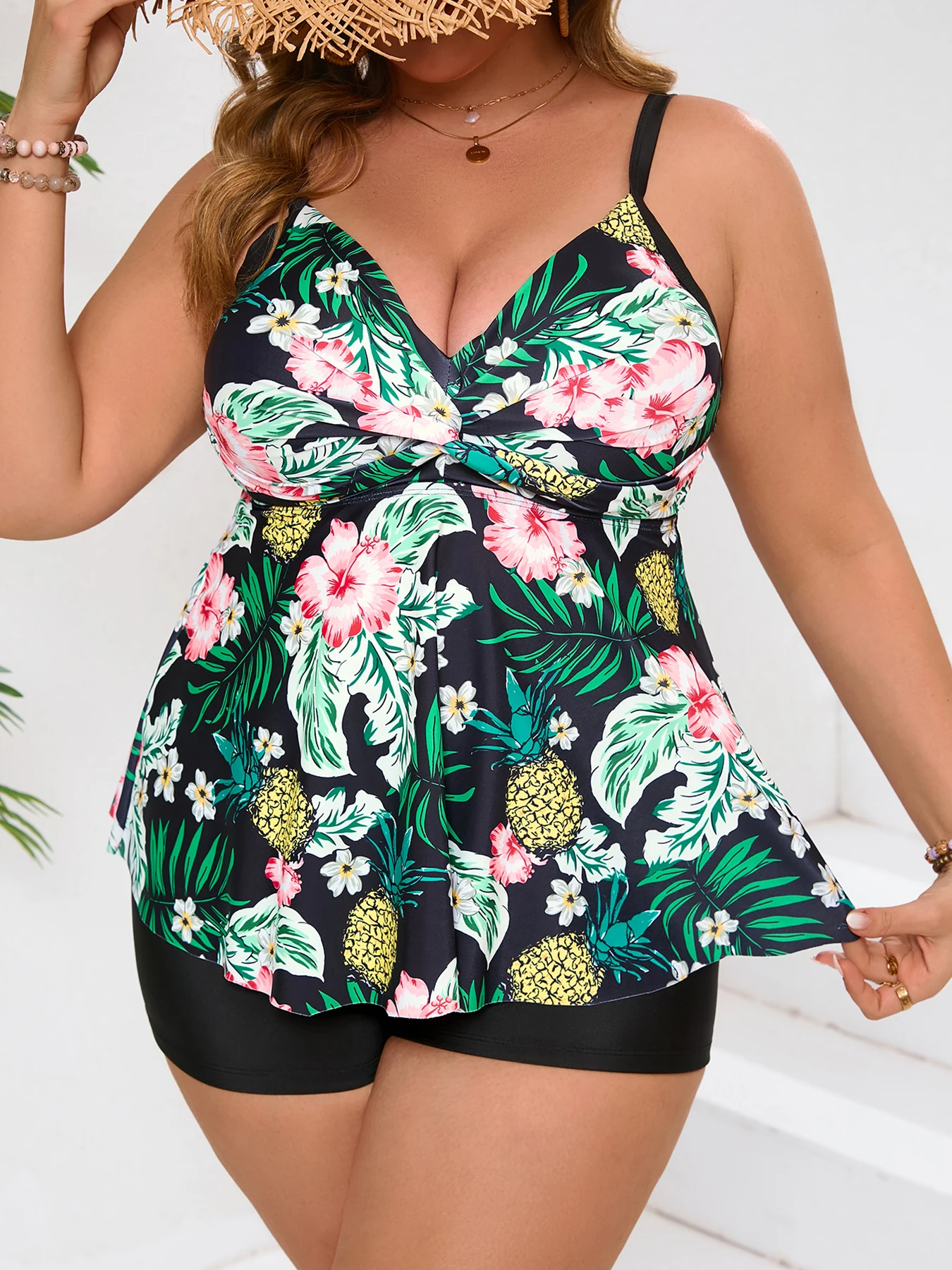 

2026 Женский раздельный купальник-танкини больших размеров с цветочным принтом, на бретельках, 0XL-5XL