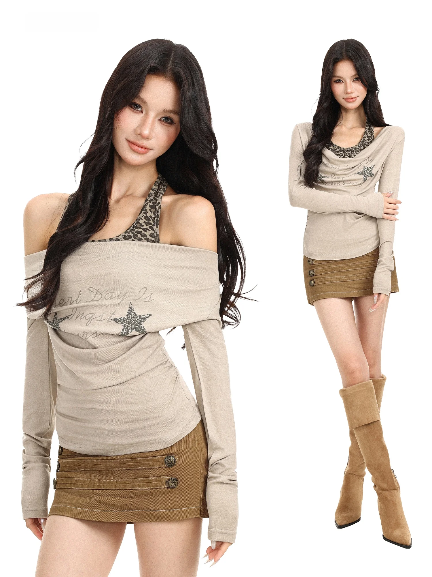 Slimming Long Sleeve T-Shirt Women's Autumn Fashionable Belted Neck Hanging Short Top Fake Two-Piece Shoulder Baring Casual Wear