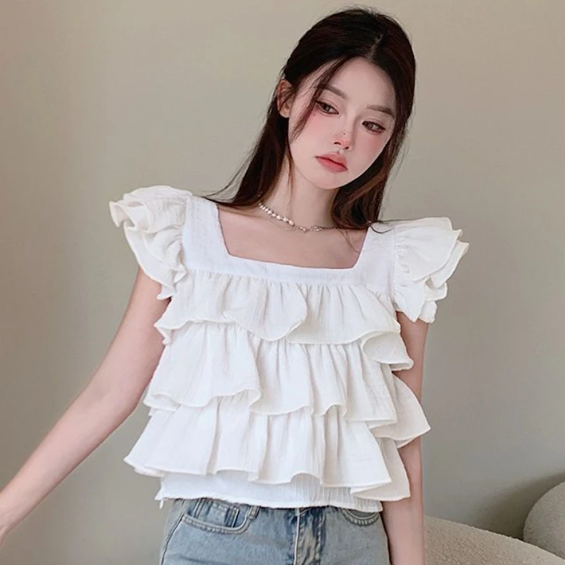 Flying Sleeve Blouses Women Ruffles Sweet Students Princess Loose Fashion Popular Korean Style Temperament Tender Square Collar