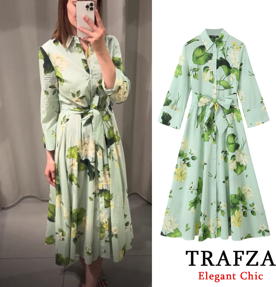 TRAFZA-Vestido casual estampado em folhas de lótus feminino, elegante estilo de camisa, botões, cintos, data de piquenique, verão, novo, 2024