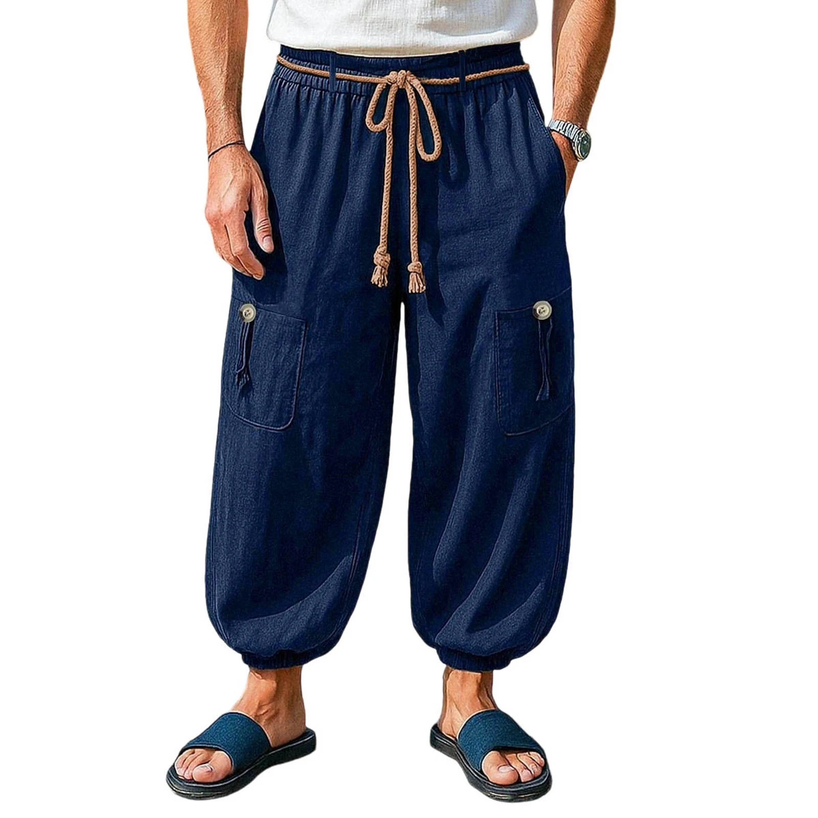 

Мужские повседневные брюки-фонарики, однотонные широкие шаровары с множеством карманов и поясом