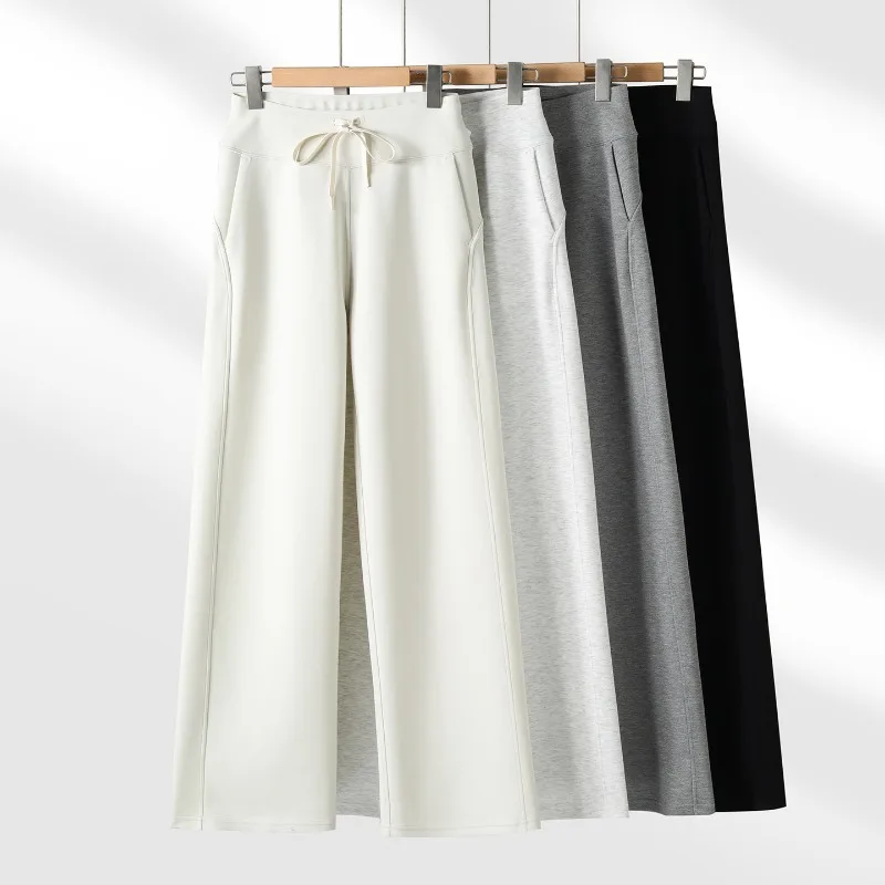 Women's Fleece Lined Wide Leg Sweatpants with Pockets, Drawstring Wide Leg Sweatpants, High-Waisted Soft Casual Loose Fit Flared