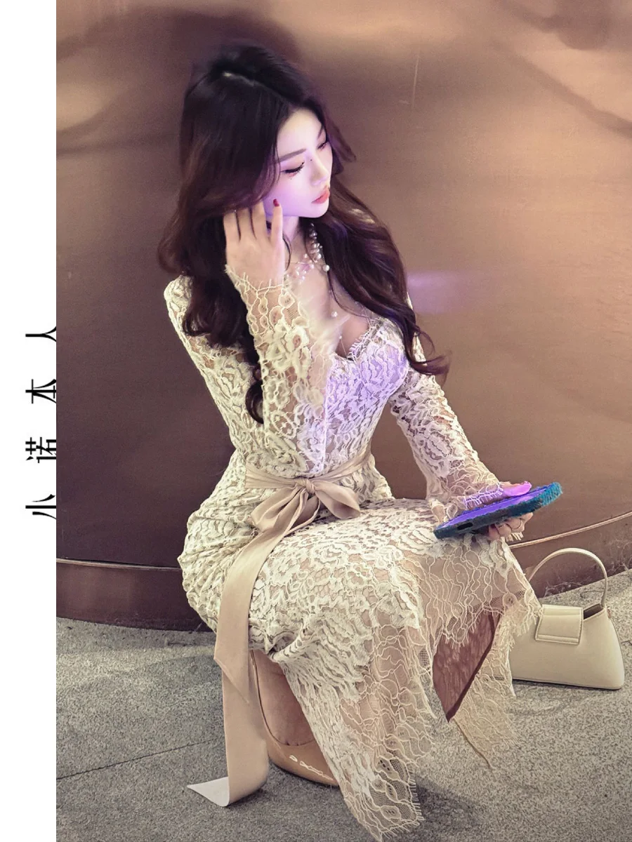 

Сексуальное кружевное платье с высокой талией, глубоким V-образным вырезом, разрезом и облегающим силуэтом, длинное свадебное платье для женщин 20-х лет