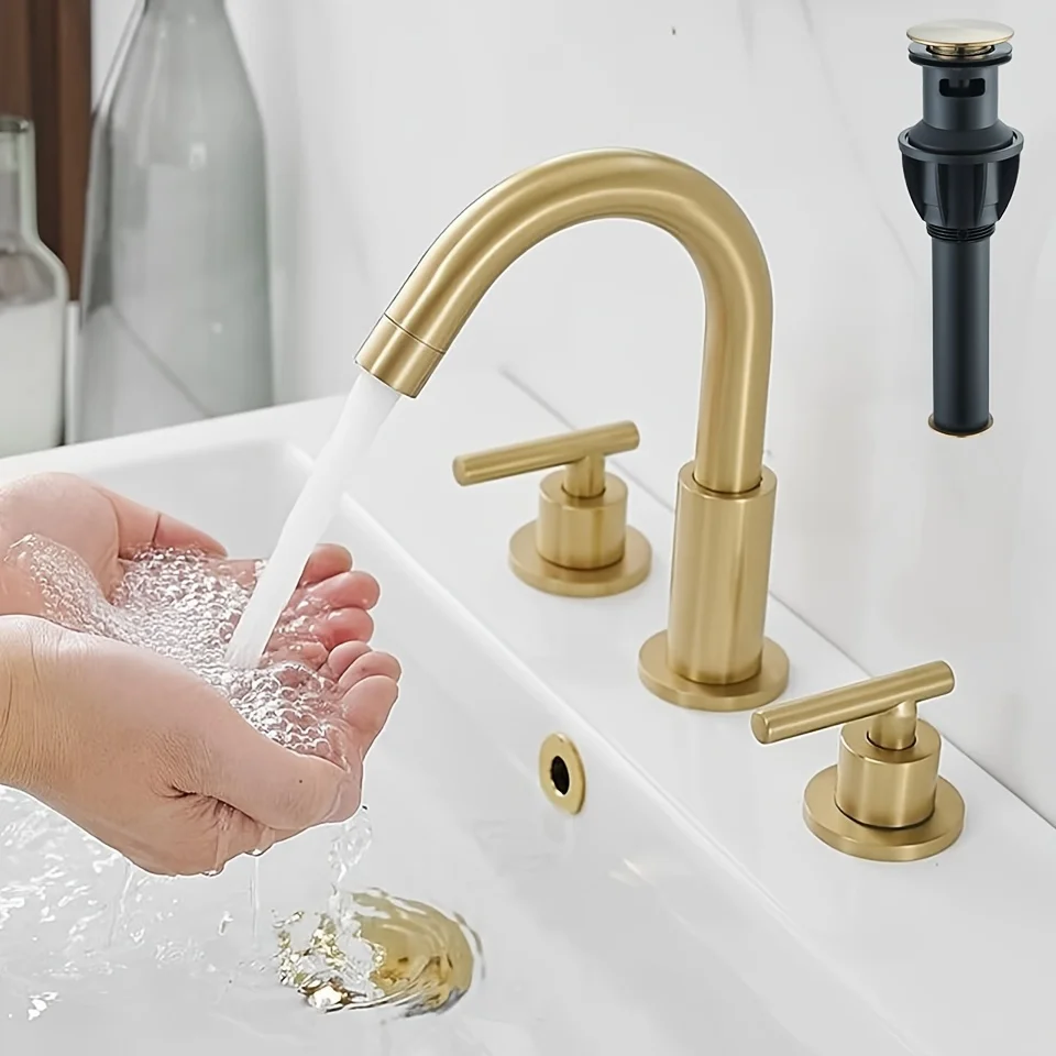 Bathroom countertop faucet, three-hole RV bathroom washbasin faucet with pop-up drain and brushed nickel water supply pipe