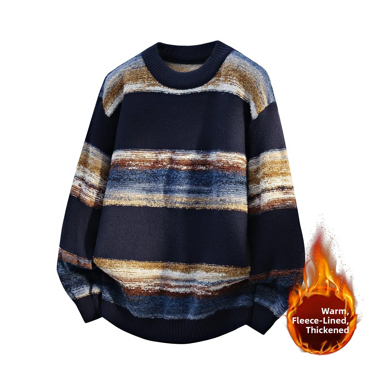 

Мужской зимний теплый шерстяной свитер с круглым вырезом, вязаный косами, винтажный, в полоску, в этническом стиле, с утолщенным флисовым начесом