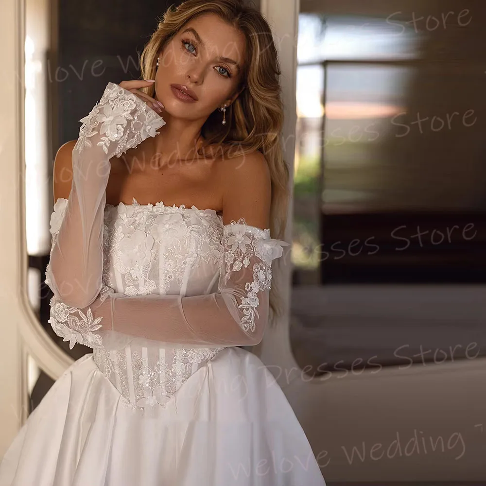 Simples uma linha vestidos de casamento feminino rendas apliques sem costas robe de mariée personalizado vestidos de noiva manga longa novia
