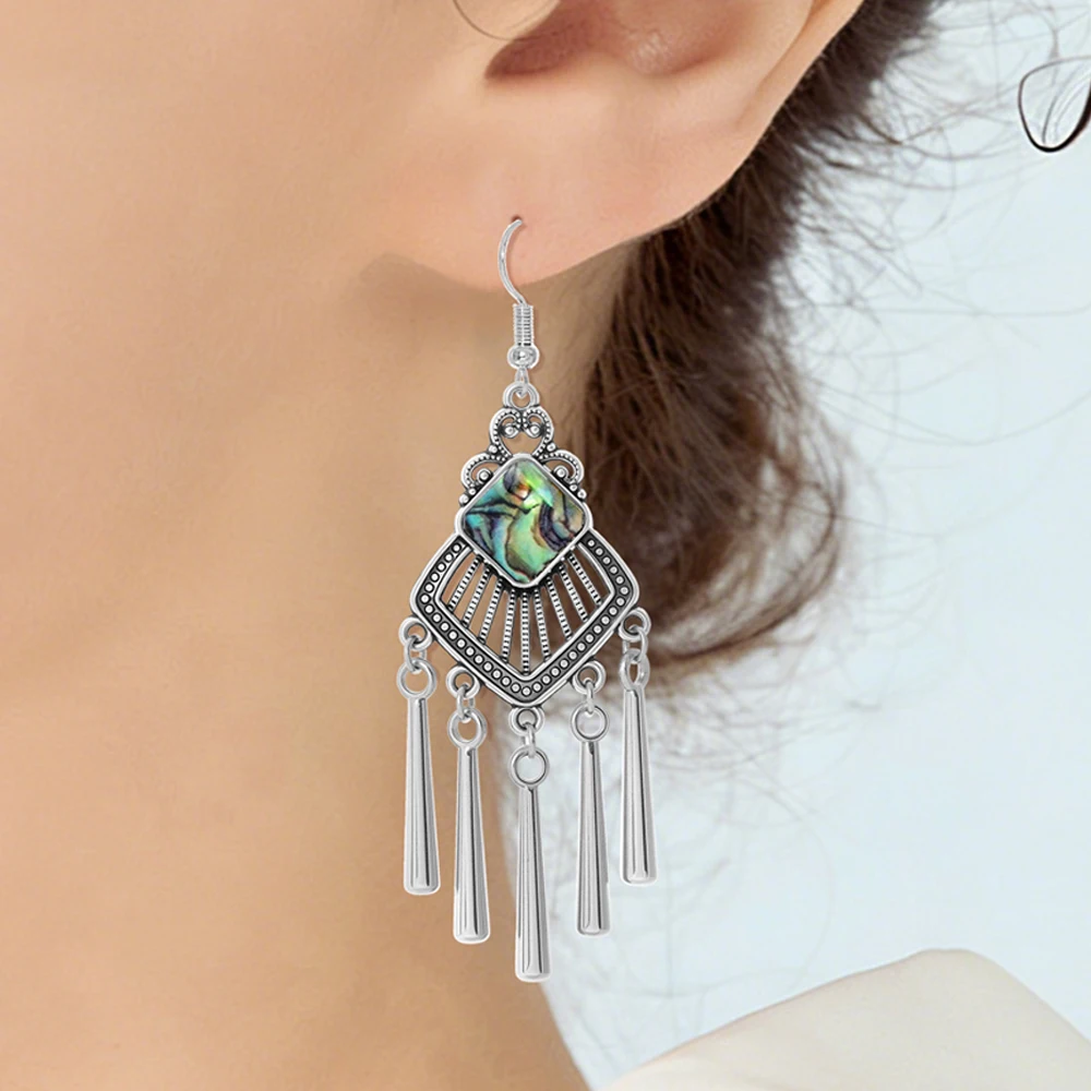 Boho Ethnic Style Alloy Dangle Earrngs Vintage Distressed Natural Abalone Shell Earrings Suitable for Everyday Wear Parties