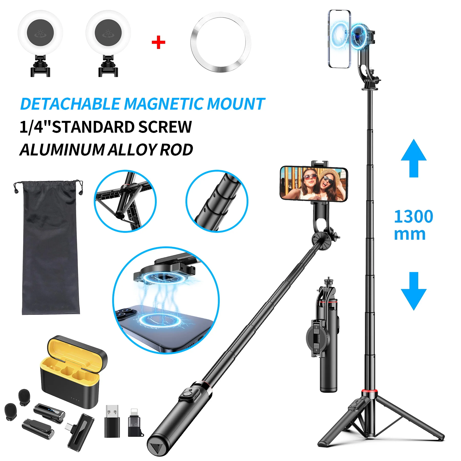 Perche à Selfie magnétique 1300mm, support de téléphone détachable, trépied Portable pour téléphone, perche à Selfie sans fil, trépied avec télécommande