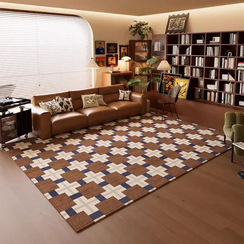 Living Room Carpet Stain-resistant Wear-resistant Floor Mat Retro Brown Checkered Rug Bedroom Carpets Large Size Home Decor Mats