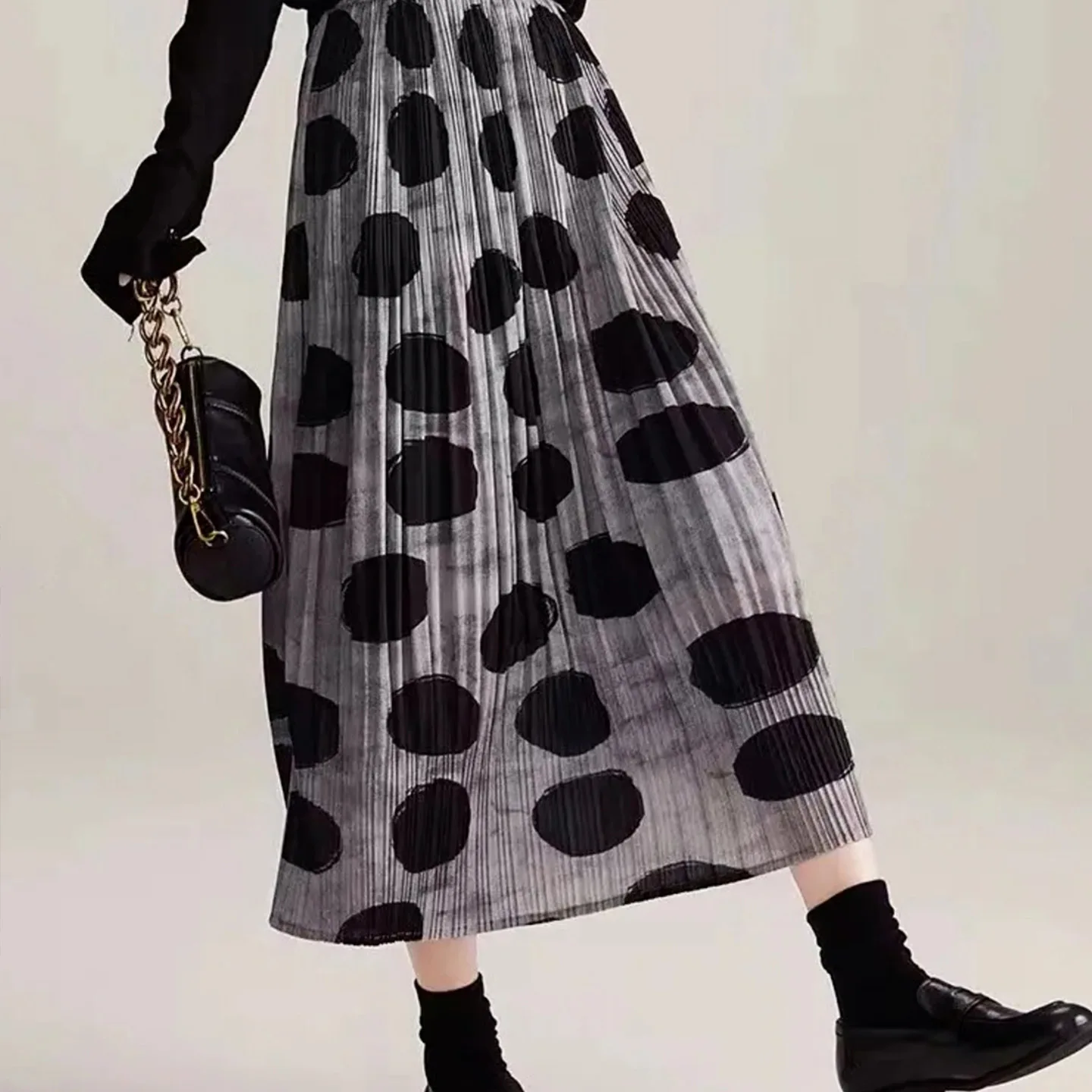 مياكي مطوي 2025 جديد ريترو البولكا نقطة بوستير تنورة الإناث مرونة الخصر رقيقة مطوي كبير سوينغ تنورة طويلة تنوعا #4