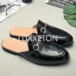 Half Tuo Men's Summer Headless Heels, Lazy Slippers, Lacquer Leather, Bright Face, Horse Hook Buckle, Pointed Fashion Slippers