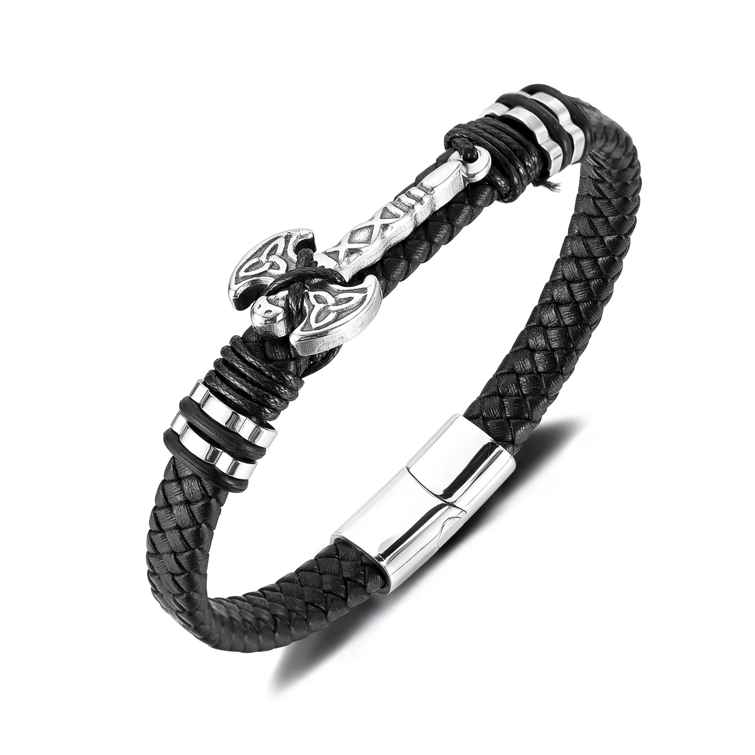 

Men’s Axe Pendant Leather Bracelet – Braided Leather Wristband with Stainless & Titanium Steel, Bold Urban Style