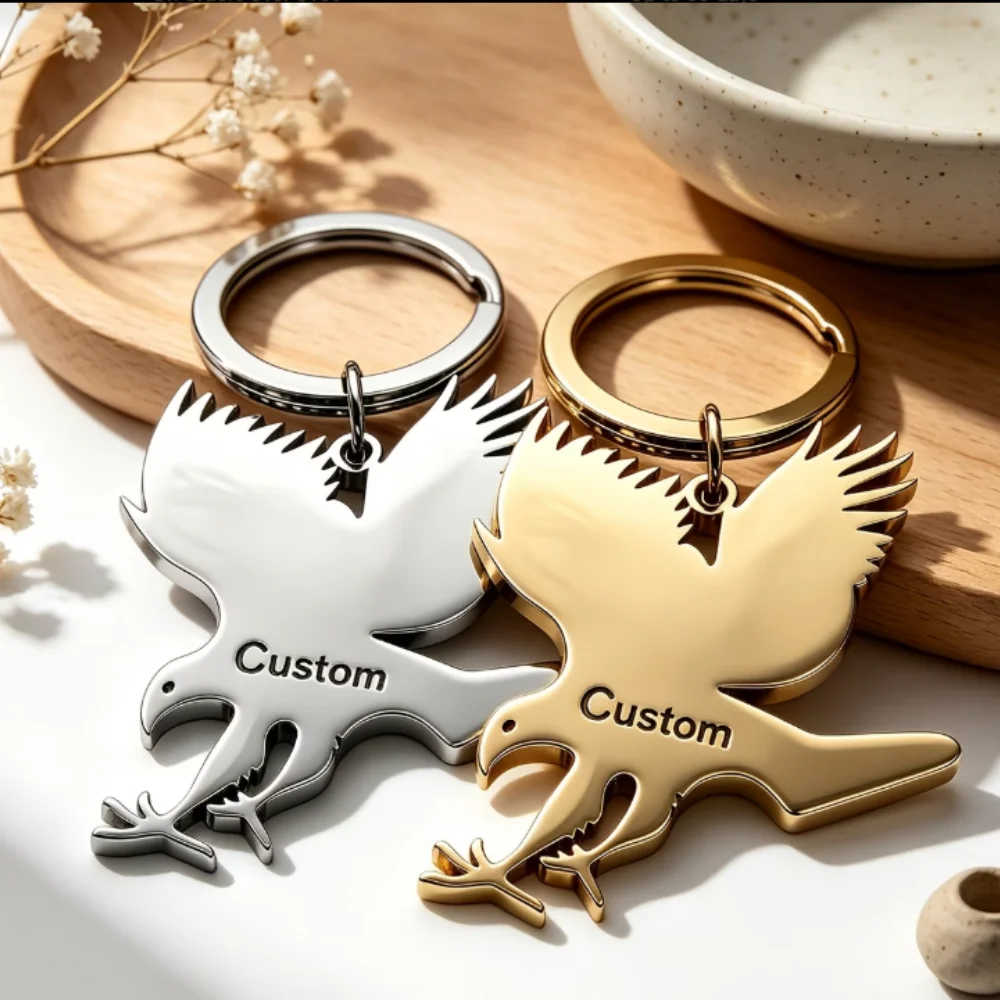 Custom Engraved Eagle Keychain, Personalized Stainless Steel Eagle Pendant Key Ring, Custom Text Gift for Men Dad