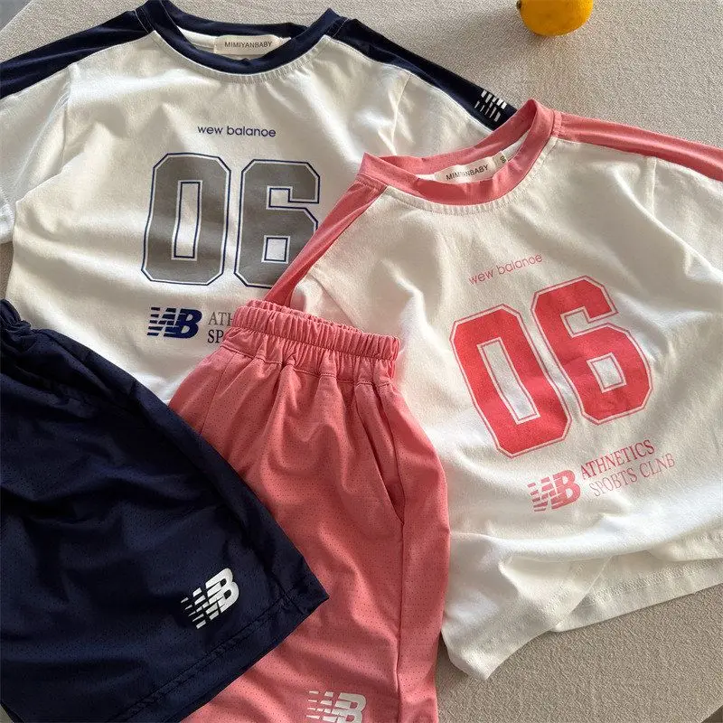 子供用速乾ツーピースセット-スポーティなレタープリント-夏の新作-綿ポリエステル混紡-快適なベビー服