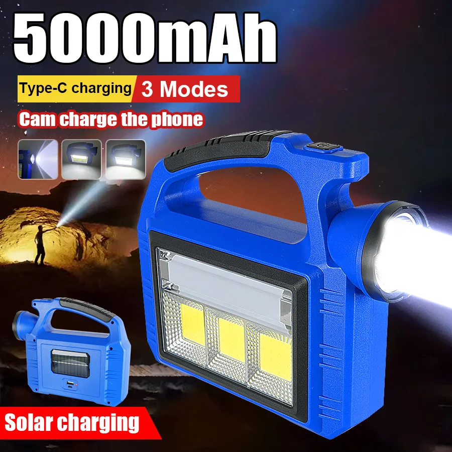 

5000mAh Rechargeable Solar Light Portable Lantern Most Powerful Flashlight Outdoor Camping Light With COB Light Handheld Torch