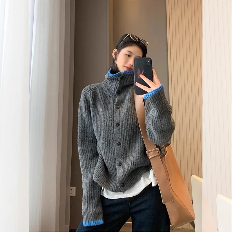 

ay High Collar Knitted Sweater Coat Women's Faionable Commute Sle Long Sve Button up Regular Fit Woolen Top
