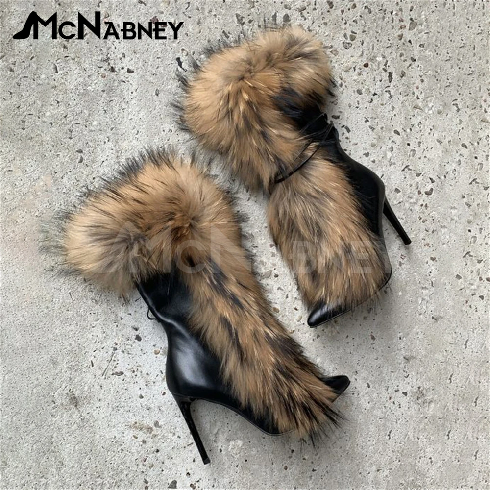 Pointed Fur Boots Luxurious Style Fashion Shoes Stiletto Shoes Sexy Winter Boots Women Warm Fake Fur Brown Suede Leather Boots