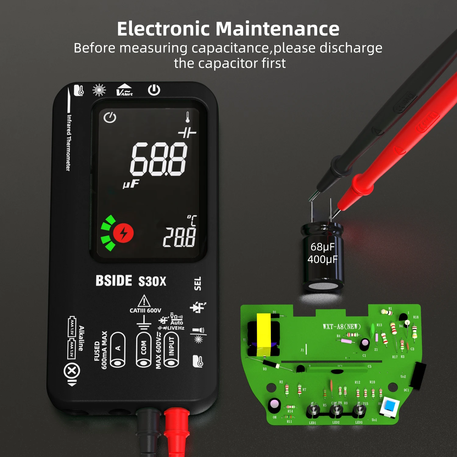 BSIDE S30X Professional Smart Digital Multimeter 15V Diode Tester Infrared Thermometer AC DC Current Voltage Capacitor Ohm HzNCV