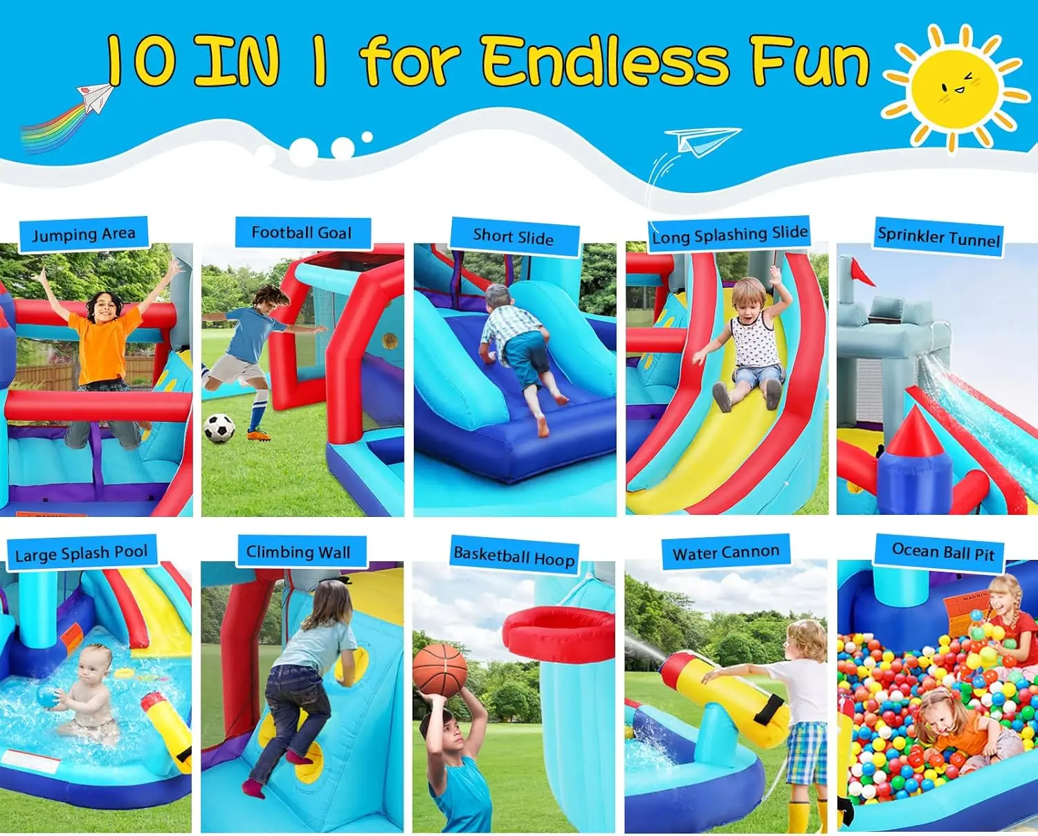 Bounce House waterglijbaan voor kinderen, 10-in-1 grote waterglijbaan opblaasbaar waterpark met splash pool lange glijbaan sprinklerblazer, zwart