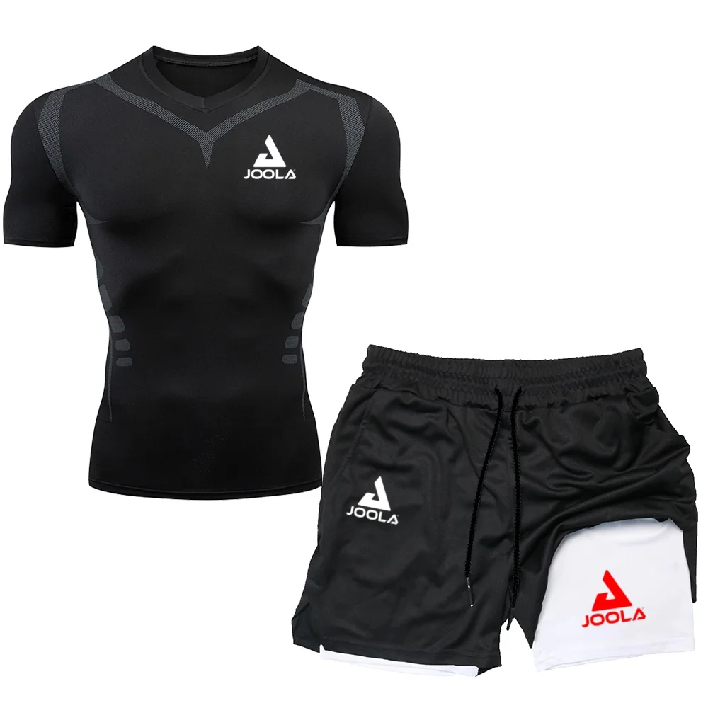 

JOOLA Men's Compression Sportswear Set, Breathable Short Sleeve T-shirt + Double Layer Running Shorts, Quick Dry Gym Fitness Tra