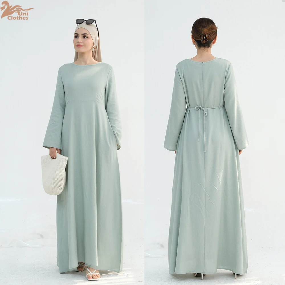 Ramadan árabe mulher muçulmana vestido modesto elegante dubai linho abaya islam férias roupa de viagem moda sólida turquia robe 2025