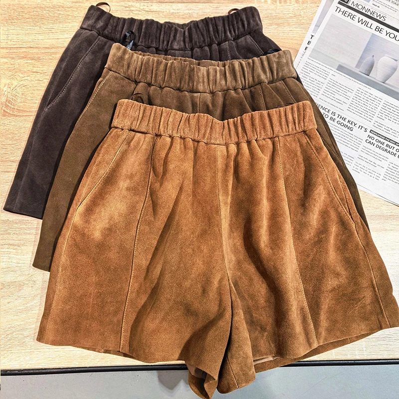 Imported Lambskin Suede Real Leather Shorts for Women 2026 New Elastic Waist Casual Female Sheepskin Suede Wide-leg Short Pants