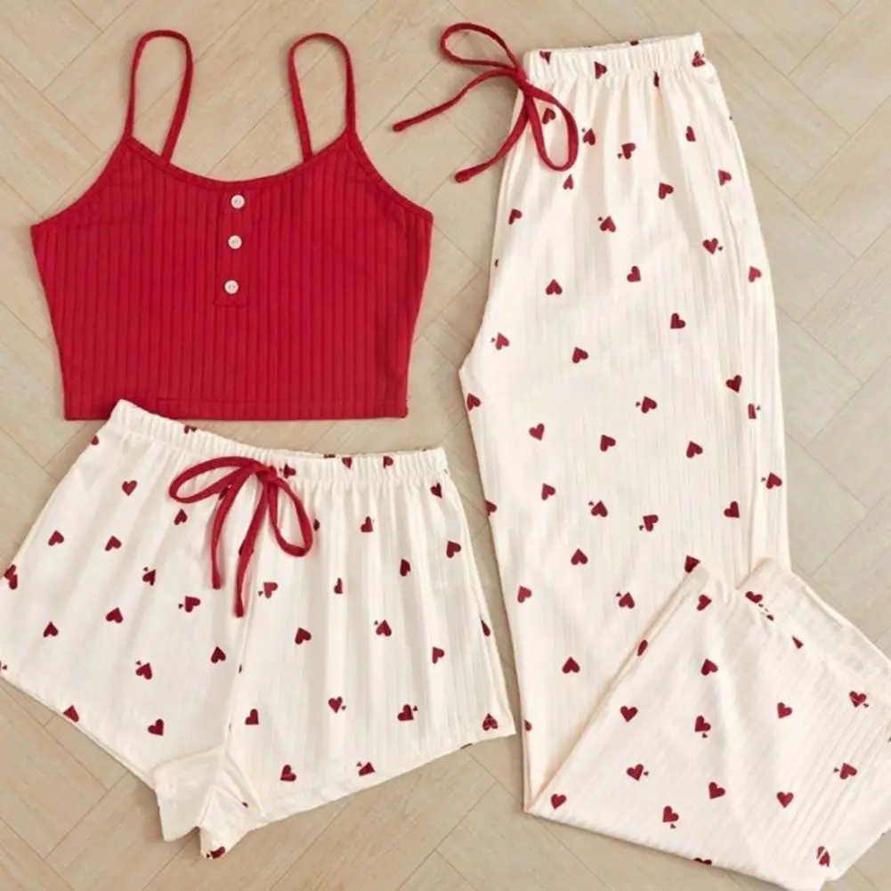 Summer Women\'s Three-piece Pajama Set Lace Strap Camisole with Heart Print Shorts Wide Leg Pants Sleepwear for Ladies