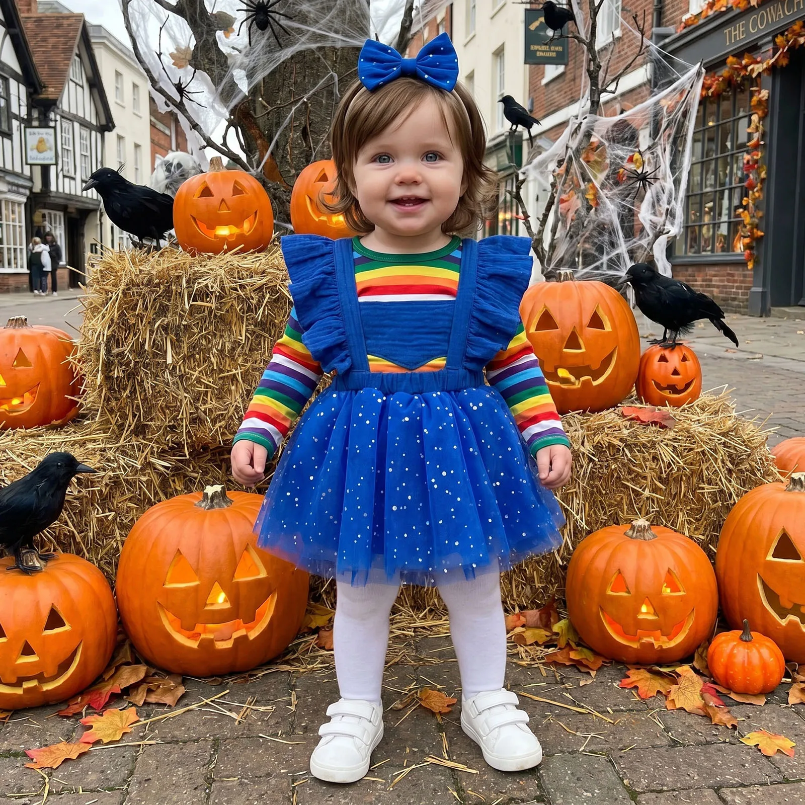 2027 Autumn  Baby Girl Halloween Outfits Long Sleeve Rainbow Tops + Suspender Shorts Skirt + Headband Set Newborn Baby's Sets
