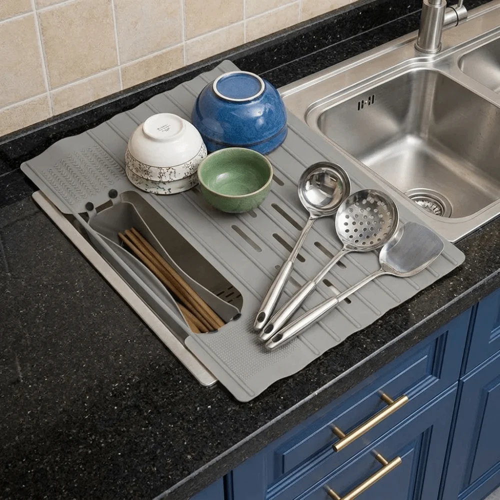 

Silicone Kitchen Storage Rack Heat resistant Space Saving Sink Drainer Mat with Pocket Folding Dish Drying Rack Bathroom