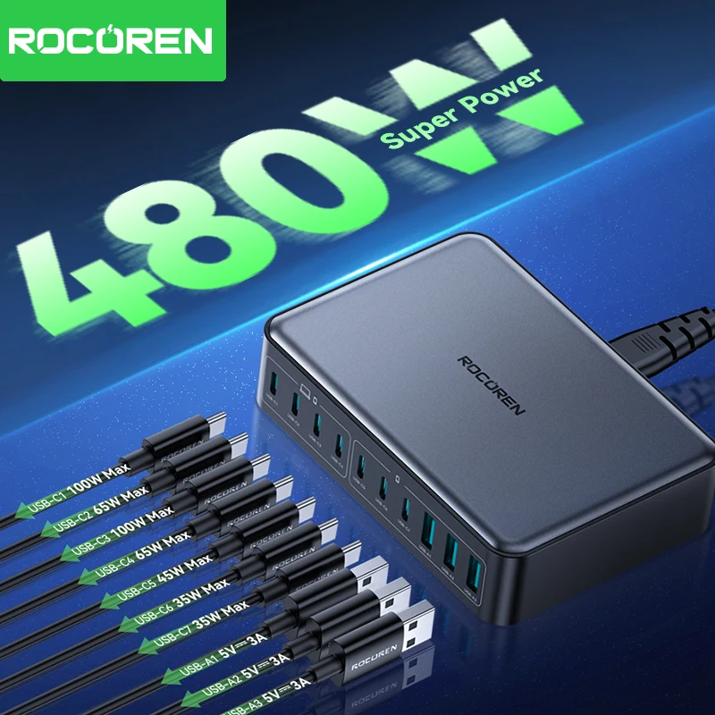 Rocoren 480W USB C Charger 10 Ports Type C Charging Station Multiple Devices Gan Fast Charger Station Desktop For MacBook iPhone