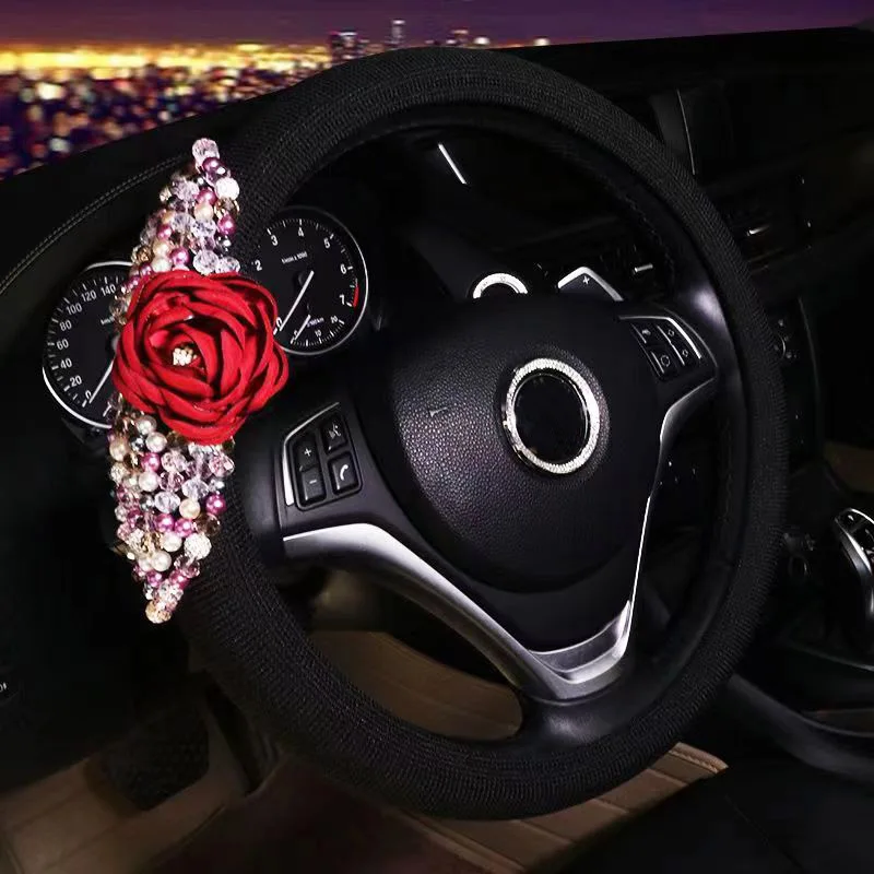 Red Rose Flower Sets Car Steering Wheel Covers Auto Interior Accessories Vehicle Handlebar Cover Fit For Women Ladies Girl Gifts