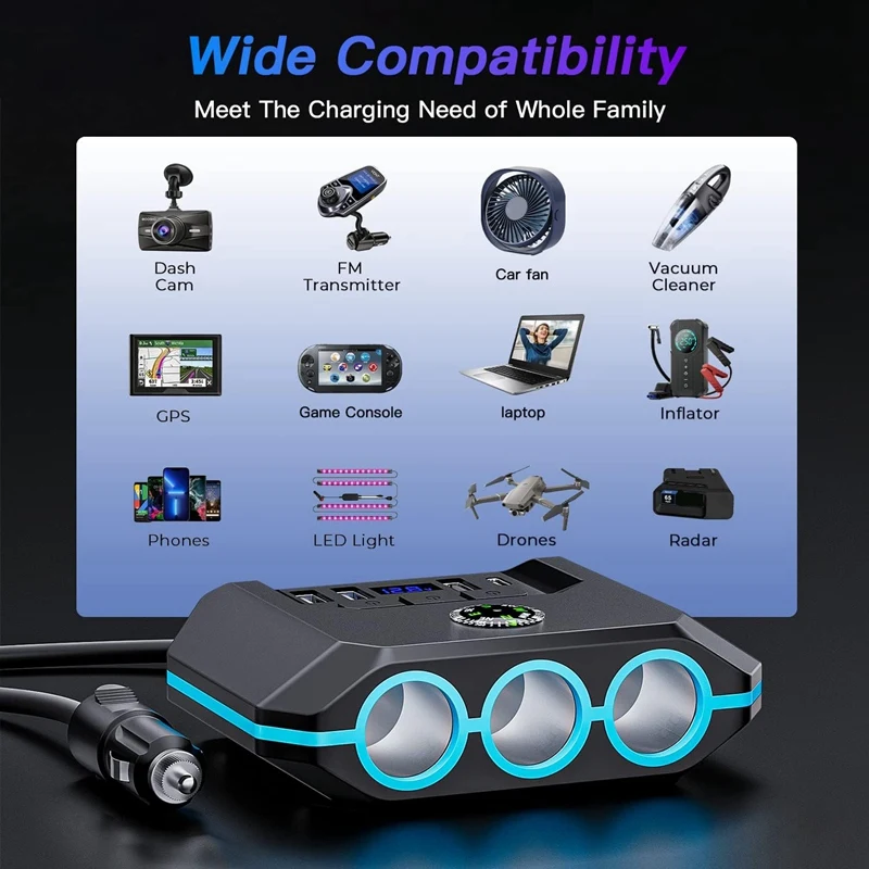 車のシガレットスプリッターライターアダプター、7 in 1車の充電器、スイッチ付きの4つのUSBポート、すべての車のデバイス用のLED電圧ディスプレイ、耐久性