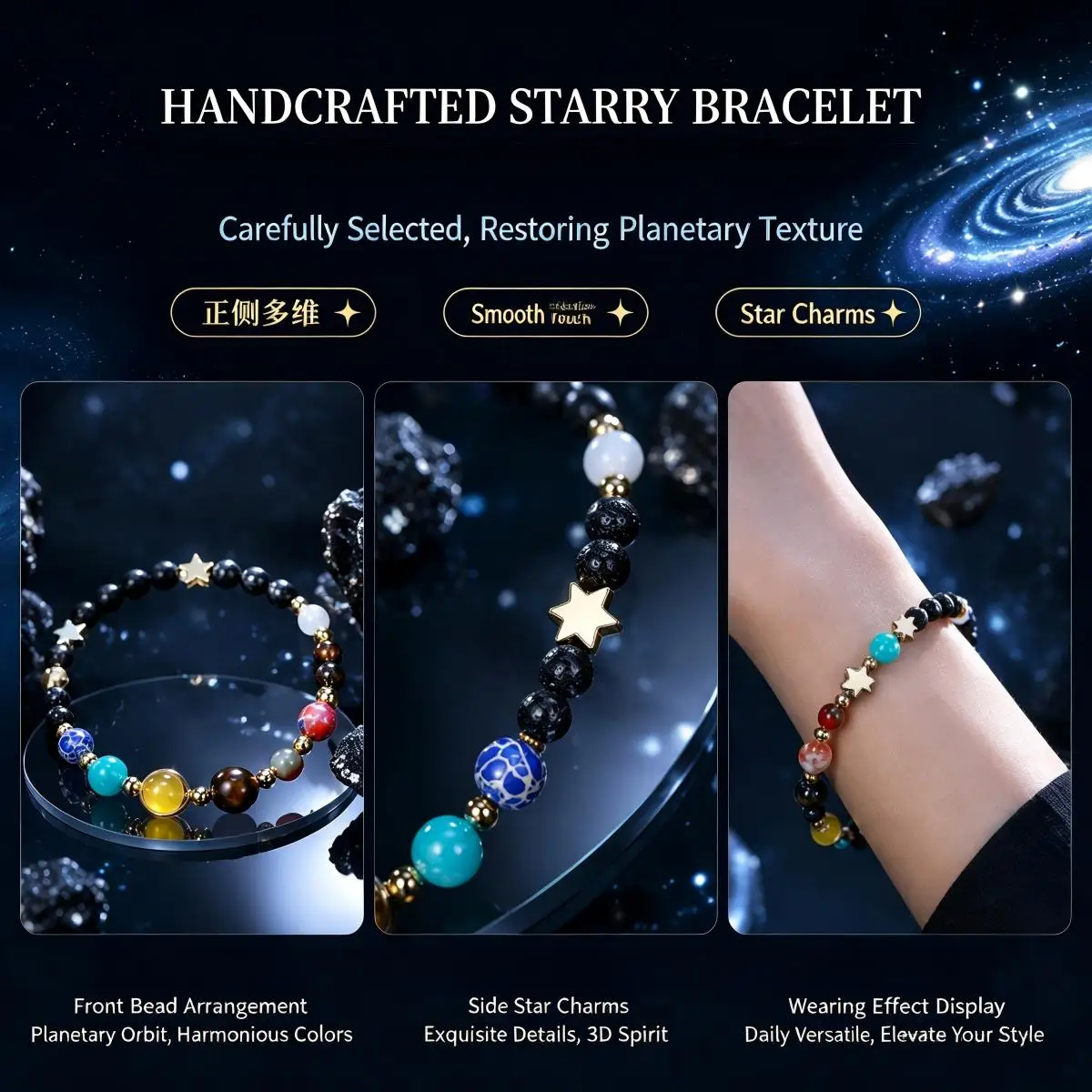 Natural Lava Stone Matte Black Onyx Bracelet Solar System 8 Planets Stainless Steel Copper Beads Jewelry Design Men Women Gifts