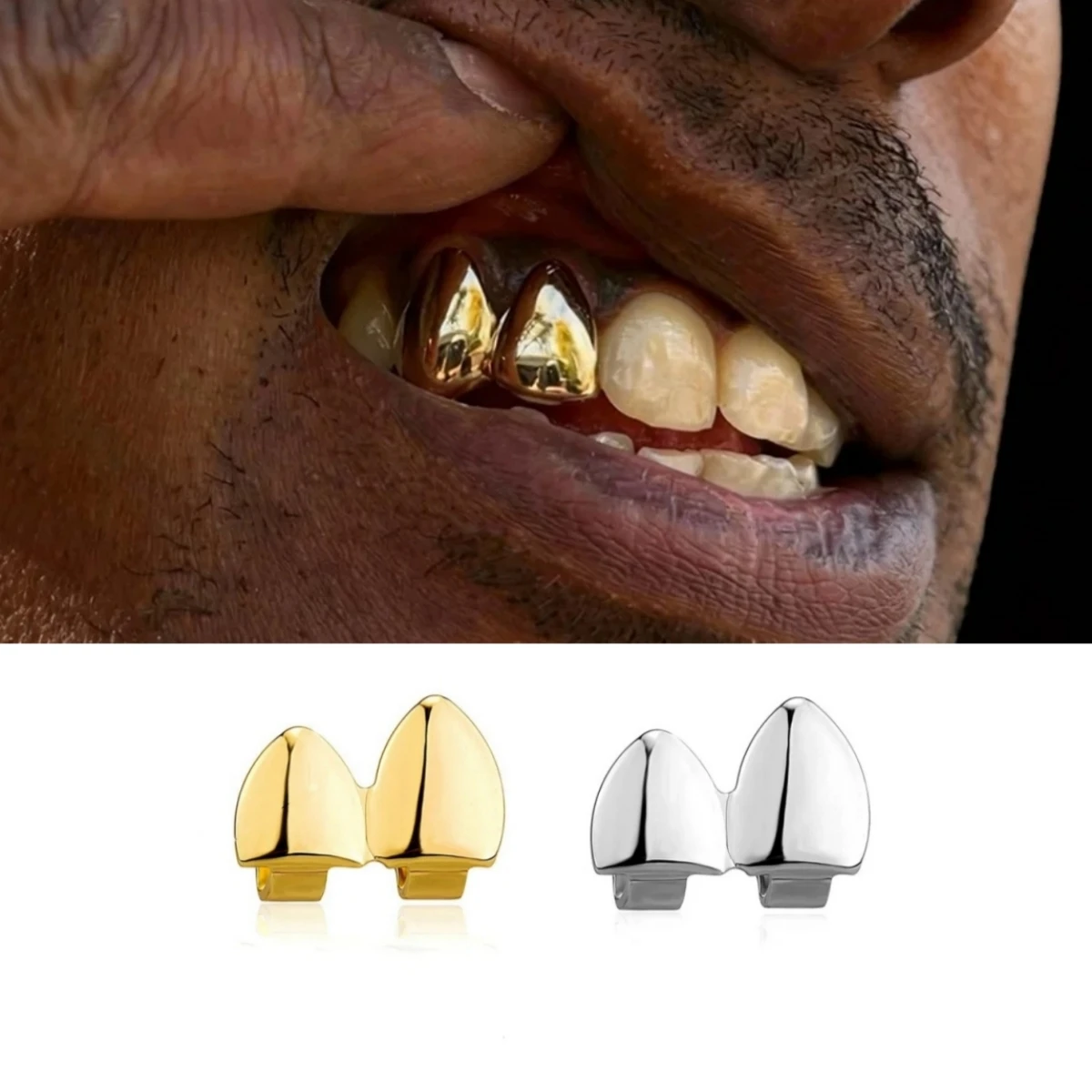 Unisex Double Hollow Fangs Grillz Hip Hop Smooth Dental Grills Jewelry Tooth Caps Gift for Teeth Braces