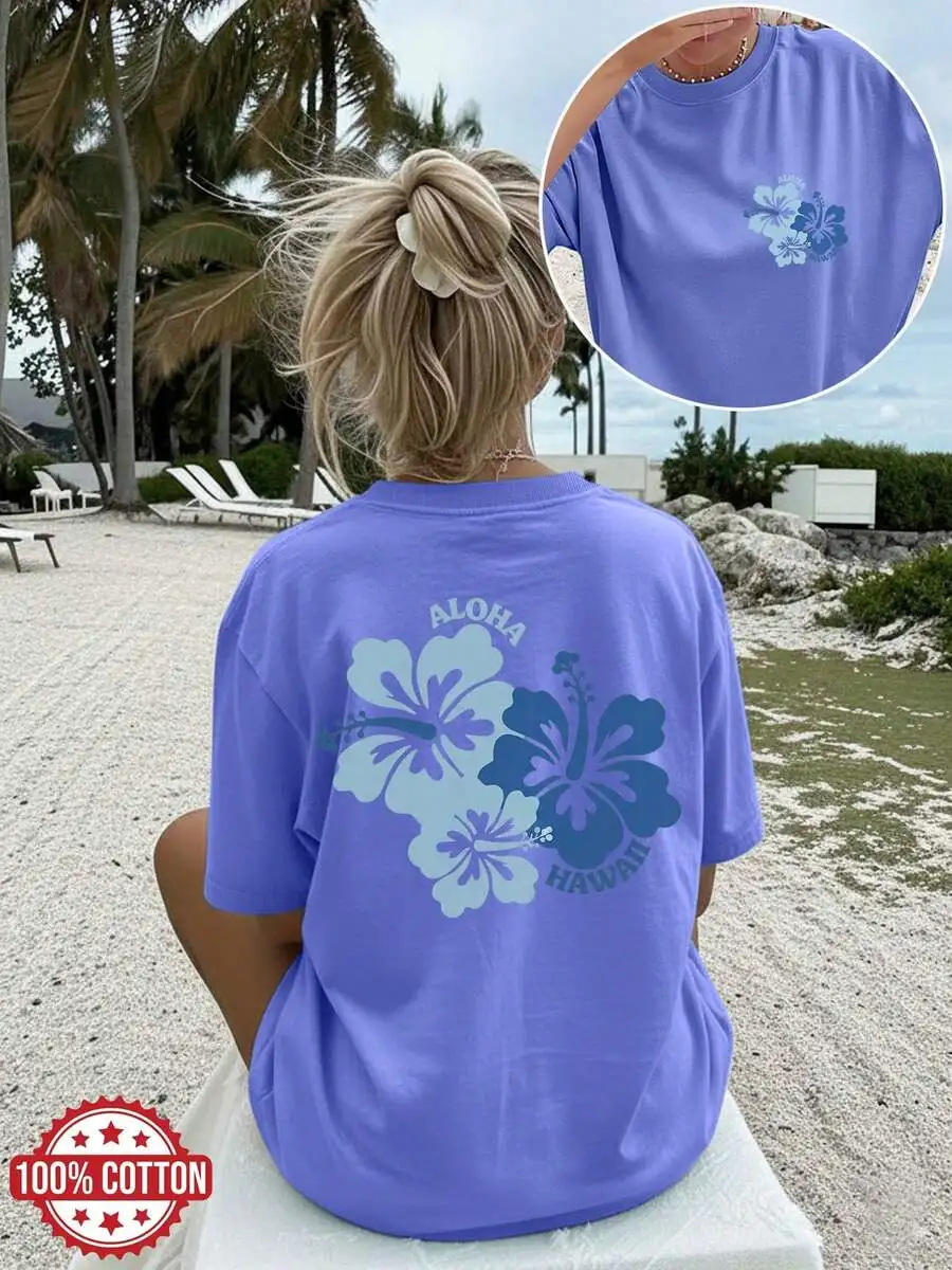 2026 Fashion New Arrival Womens 100 Percent Cotton Oversized Drop Shoulder T Shirt Double Sided Hibiscus Aloha Hawaii Print Casual Short Sleeve Tee Basic Top T Shirt