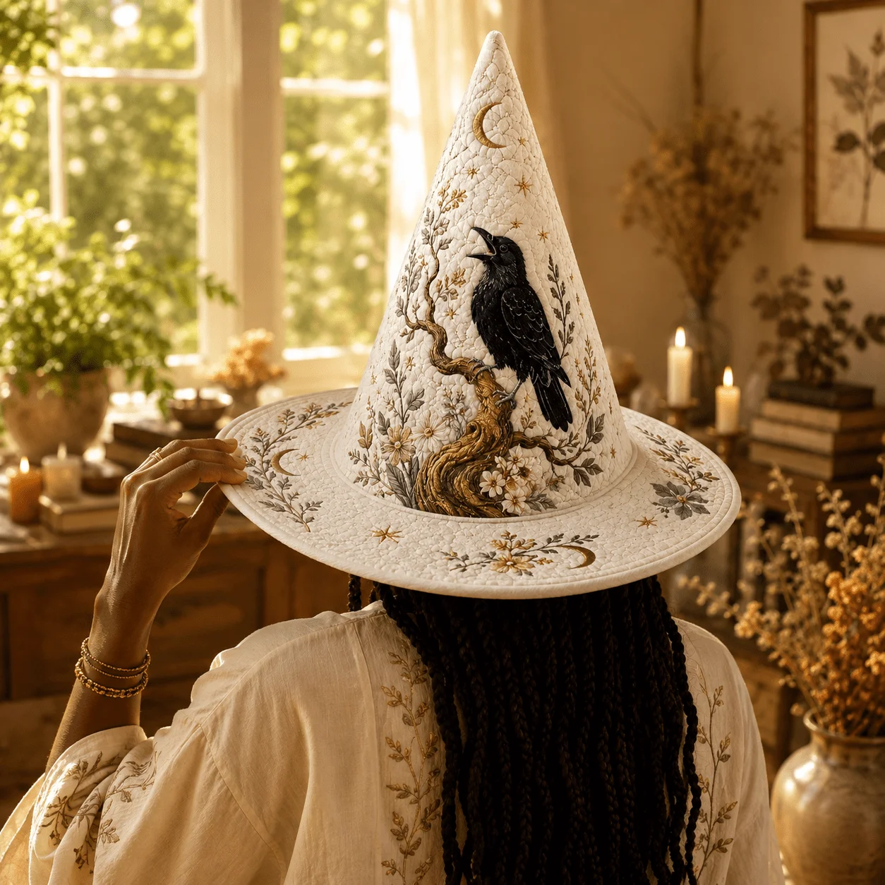 Customization Women' Black Nightingale & Golden Gnarled Tree Branch Witch Hat - Quilted Fabric Suitable For Halloween Costumes,