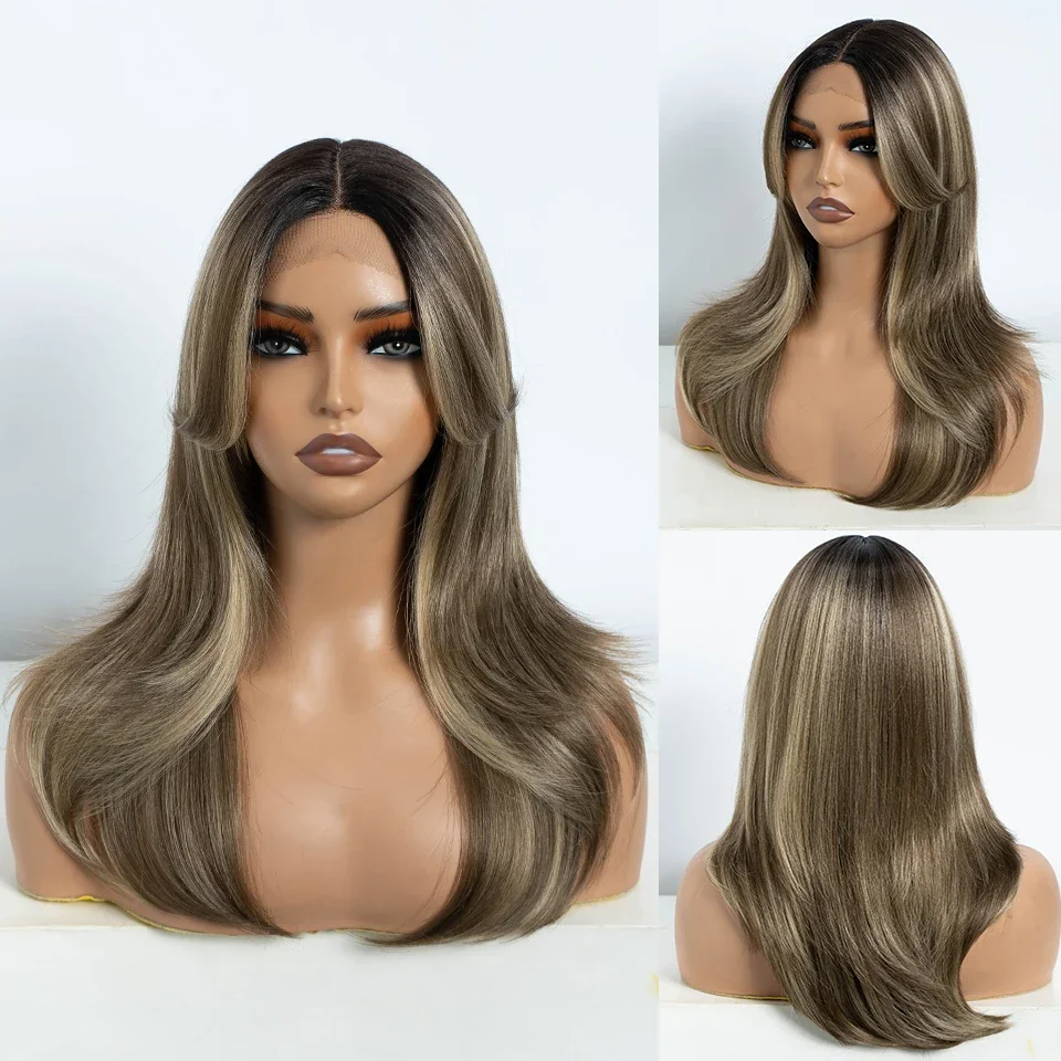 VRIJHEID Rechte Synthetische Lace Front Pruiken Voor Zwarte Vrouwen Ombre Blond Bruin Kant Pruik 20 Inch Pruik Met Pony Cosplay Kant Pruik