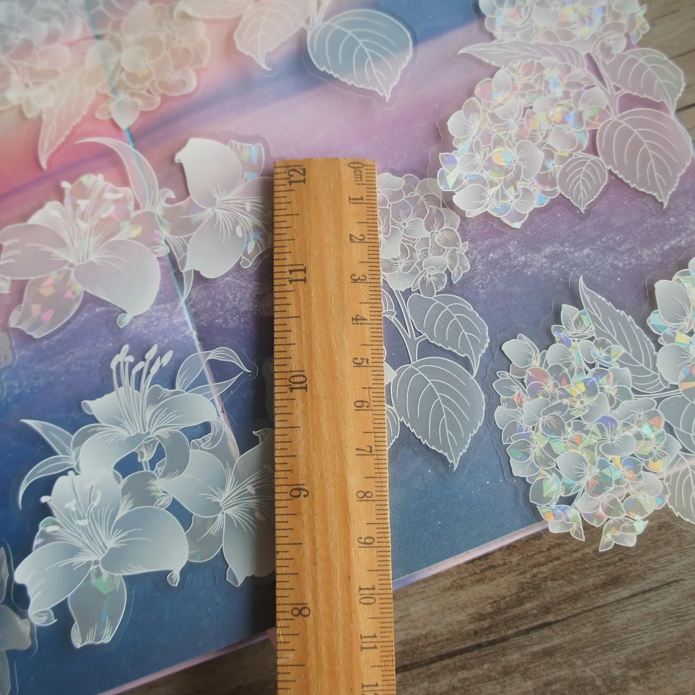 10pcs Laser White Hydrangea Lily Rose Flowers Style Sticker Scrapbooking DIY Gift Packing Label Decoration Tag