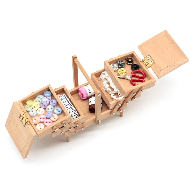 1:12 Dollhouse Miniature Wooden Multi-Storey Antique Sewing Supplies Box With Needle Scissors Knitting Tool Tailor Set