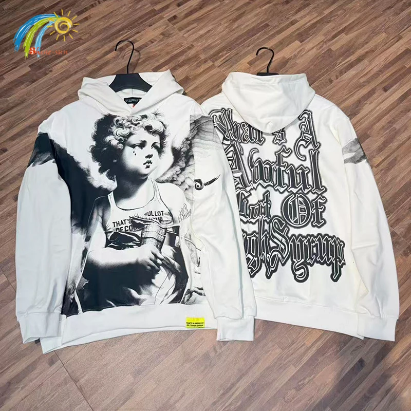 طباعة رقمية بنمط الملاك باللون الأبيض، مجموعة رائعة من سترة بغطاء للرأس من COUGH SYRUP للرجال والنساء للجنسين من القماش الثقيل بلوفرات قطنية