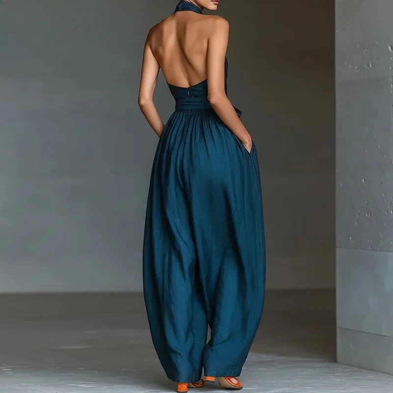 Damen Sexy Cross-Neck Rückenfreier Overall mit Reißverschlüssen Sommer Einfarbiger Büro-Overall Frühling Hochgeschnittene Schnürung Weite Hosen Jumpsuit