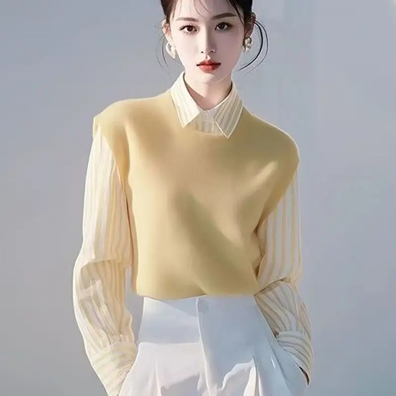 

Женская элегантная блузка с воротником-поло, имитация двухслойного дизайна, желтая, в полоску, с вязаными рукавами, повседневная, для офиса, модная