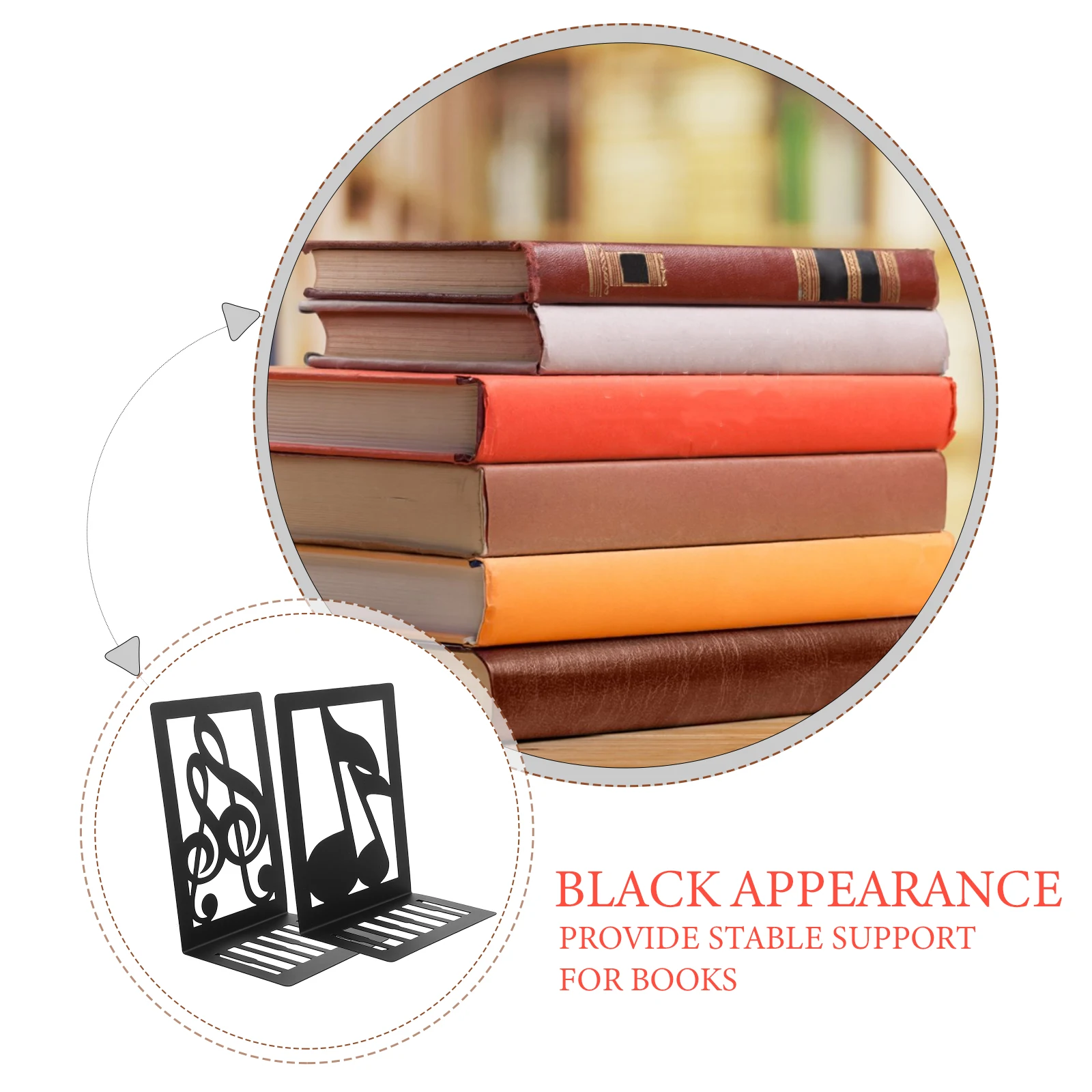 

2 Pcs Black Iron Music Note Bookends for Desk Smooth Edge Desk Organizer Study Book Holder Metal Stand No Scratch