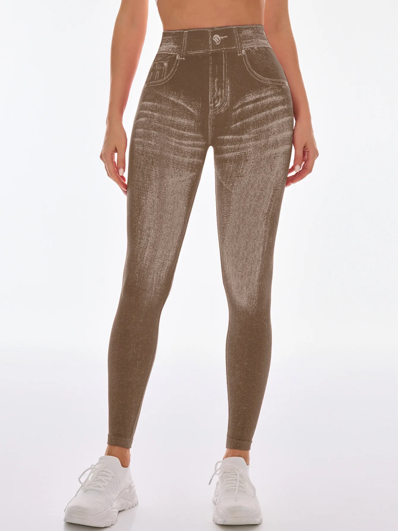 Damen Faux-Denim Nahtlose Yoga-Hose mit V-Rücken, Taillen- und Po-Lifting-Effekt, Hochelastische Schlanke Sport-Leggings, Modische Lauf- und Workout-Tights – Detail 25