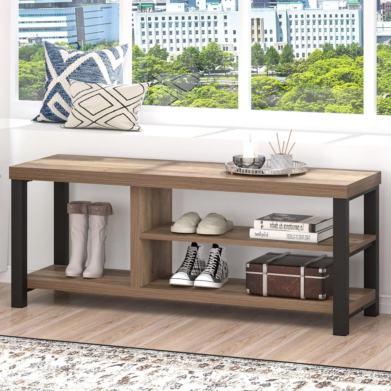 

Wood Metal Shoe Bench with Storage, Rustic Oak, 43.3' Entryway Bench for Hallway, Bedroom, Living Room