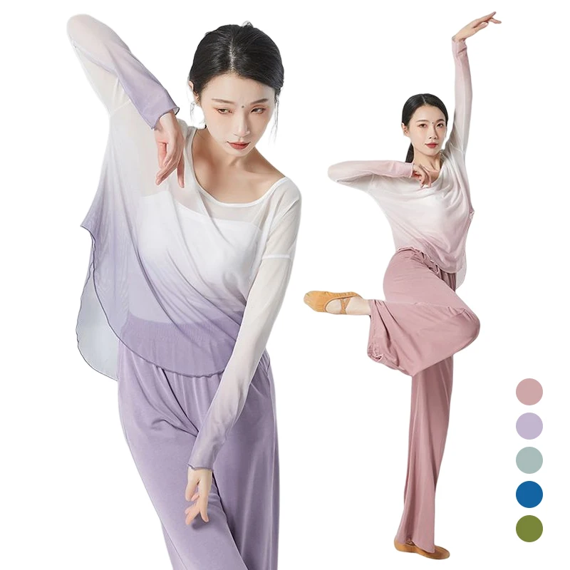 Classical Dance Costume Women Kid Ballet Clothes Gradient Gauze Tops Yoga Sport Costume Chinese Folk Dances Long Sleeves