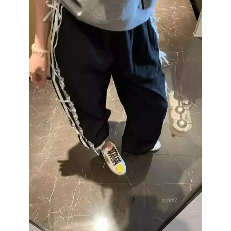 السراويل السوداء مرونة الخصر الدانتيل الأبيض حافة قطاع فراشة القدم Sweatpants النساء السراويل الرياضية النساء الفتيات ملابس كاجوال فضفاضة #5